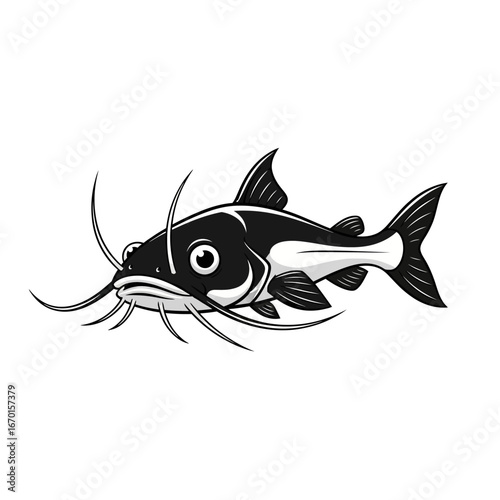 black and white catfish illustration a predatory freshwater fish with prominent barbels swimming against a white background ideal for fishing guides.