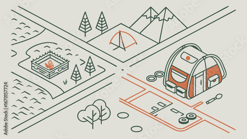 Camping and Outdoors Isometric Illustration.