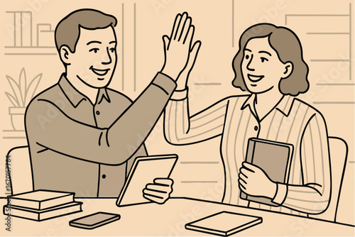 Two smiling colleagues celebrate a successful project with an enthusiastic high five, symbolizing effective teamwork, shared achievement, and positive professional synergy.