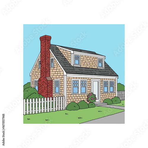 cape cod house illustration a charming cozy cottage with a brick chimney and white picket fence nestled amongst green bushes under a bright blue sky. ideal for real estate marketing.