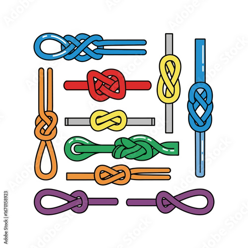 Diverse collection of colorful rope knots each distinct in shape and color useful for educational purposes displaying different knot tying techniques.