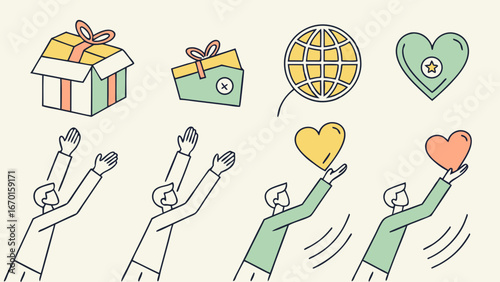 Illustration of people receiving gifts hearts and global icon representing charity donation global giving and volunteer work.