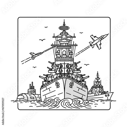 fleet of naval ships including a battleship frigate and submarine escorted by fighter jets on the open ocean for a military defense illustration