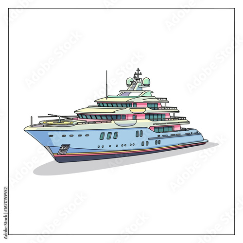 Illustration of a luxurious superyacht cruising offshore showcasing marine transport and wealth perfect for travel blogs and lifestyle articles.