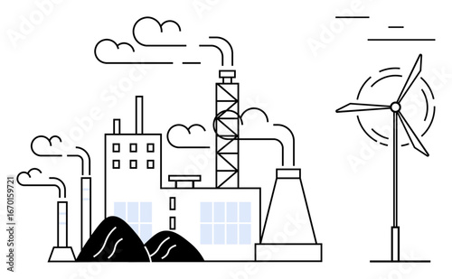 Industrial factory emitting smoke alongside clean wind energy turbine highlighting eco-balance. Ideal for environmental awareness, energy, sustainability, pollution, industry, green solutions, simple