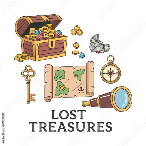 lost treasures concept a treasure chest filled with gold a treasure map compass and spyglass ideal for adventure and discovery themes