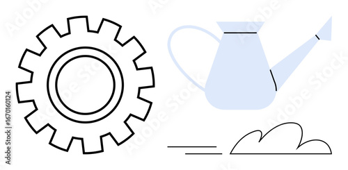 Gear symbolizing progress, watering can for nurturing ideas, and a cloud for development. Ideal for growth, teamwork, efficiency, creativity, innovation problem-solving and support themes. Simple