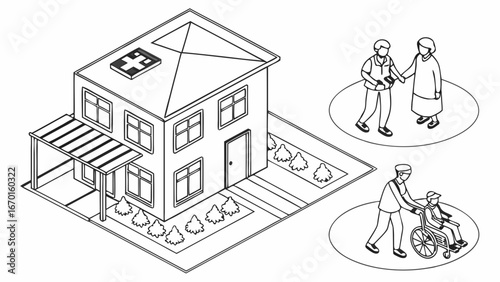 Isometric illustration of healthcare building with patients and caregivers.