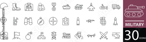 Minimal Military Line Icon Set 30 Clean Outline Symbols for Army, Defense, and War Strategy Design