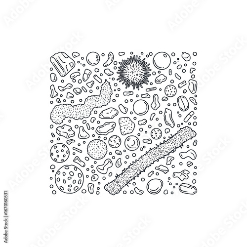 Microorganism backdrop diverse microorganisms including bacteria spores and pathogens clustered in a square format ideal for illustrating microbiology and biological sciences.