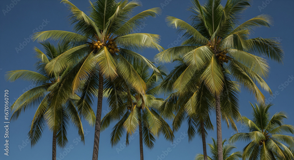 Fototapeta premium A classic, low-angle shot of a group of tropical palm trees with their lush green fronds and visible coconuts against a perfectly clear blue sky