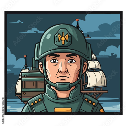 military leader in charge of a historical naval fleet standing firm against a cloudy sky ideal for historical insights and nautical heritage.