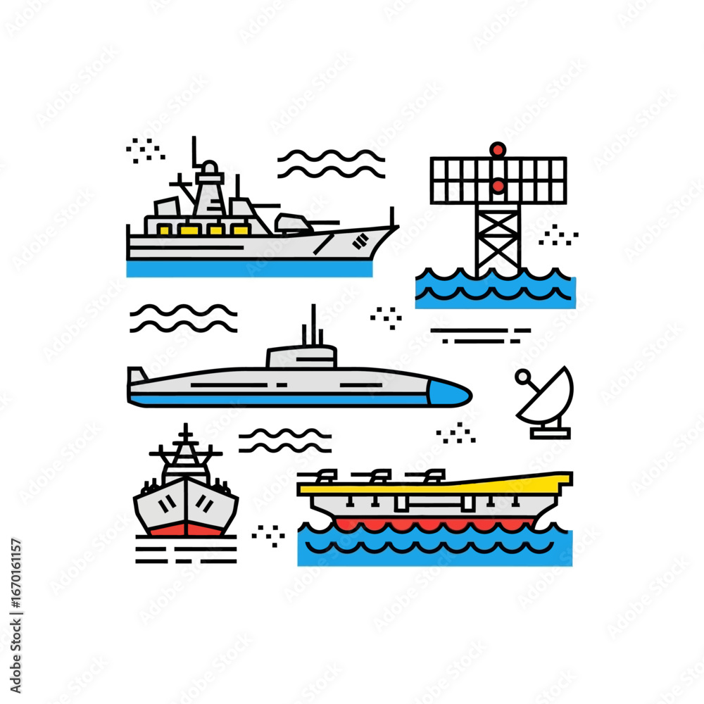 Obraz premium naval fleet icons showcasing a range of maritime vessels including a warship submarine and aircraft carrier illustrating naval power and marine transportation.