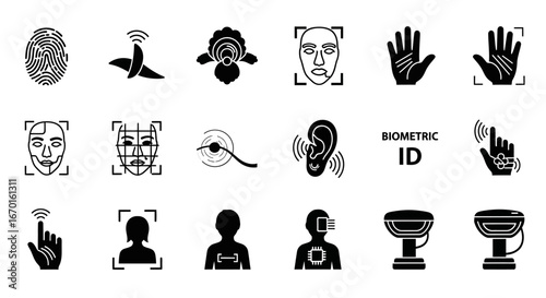 Biometric Authentication Icons: A detailed illustration of a range of biometric authentication icons, focusing on cutting-edge security measures, encompassing digital fingerprinting, iris scanning.