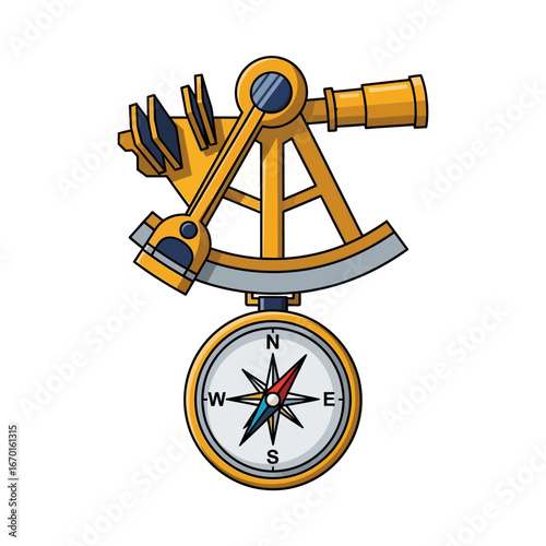 Navigational sextant with compass used for marine navigation and positioning at sea demonstrating maritime history and navigational equipment.