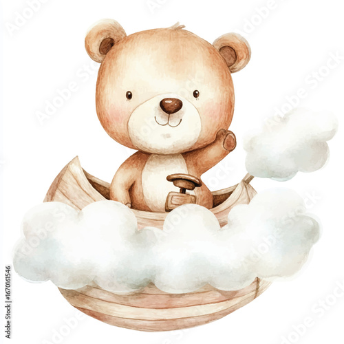 Watercolor Teddy Bear Piloting a Cloud Boat with Raised Paw
