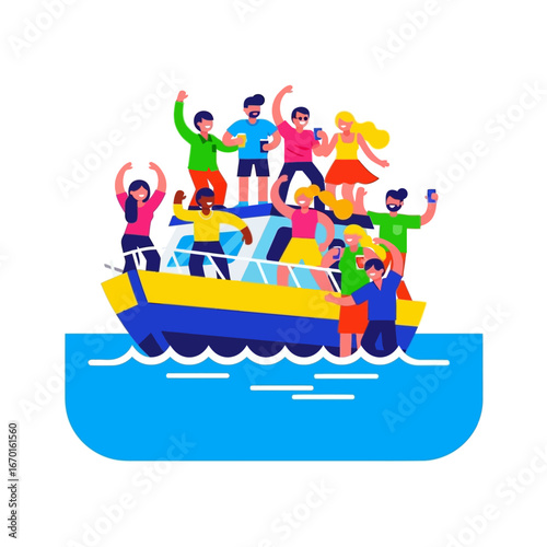 Party boat celebration friends enjoying a boat party on a sunny day cruising on the water perfect for summer promotions and festive designs.