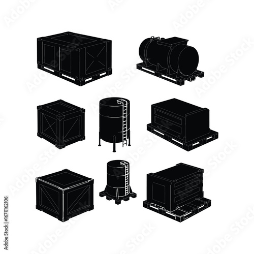 Cargo pod silhouette designs, featuring industrial containers, storage tanks, and various box-shaped structures in a minimalistic black and white style