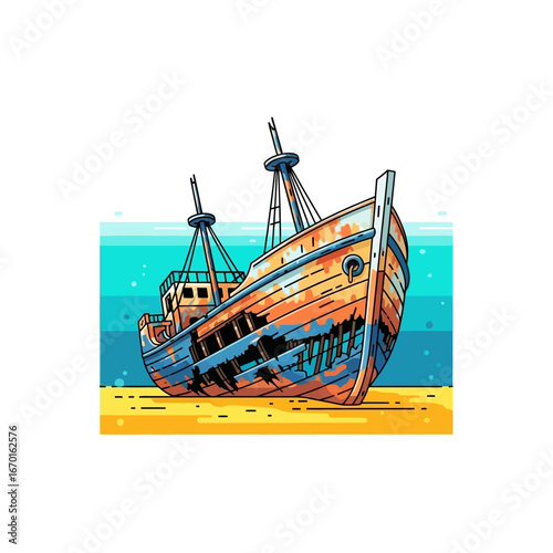 shipwreck stranded on a sandy beach its rusted hull a testament to time ideal for historical documentaries or marine archaeology educational resources.