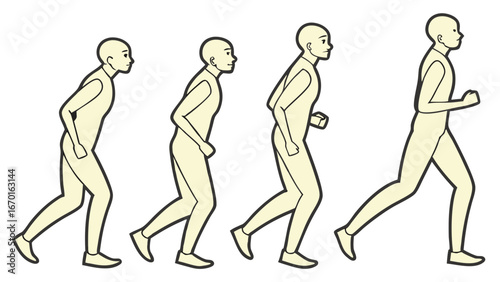 Animated sequence of a person running jogging walking cycle motion study character animation movement illustration.