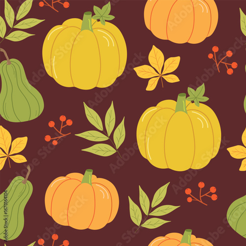 Autumn seamless pattern with pumpkins, berries and leaves. Thanksgiving day concept.