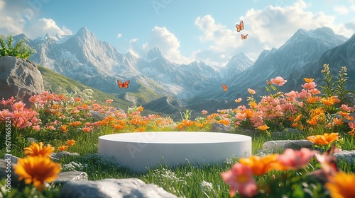 Outdoor Product Display Podium in Alpine Flower Meadow