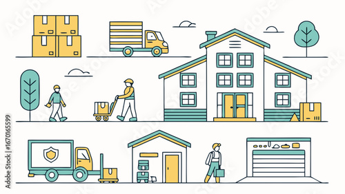 Delivery service home delivery package transportation logistics shipping warehouse workers transportation delivery truck boxes moving relocation cargo distribution supply chain freight courier packag.