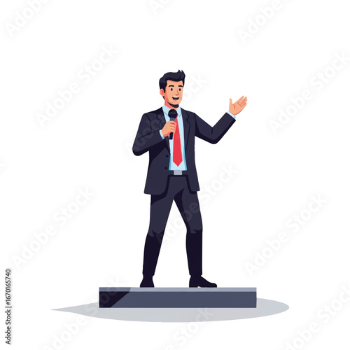 Man in suit standing at podium holding microphone gesturing with hand
