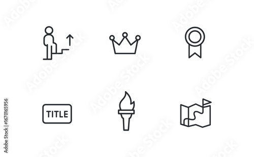 simple outline stroke icon isolated on white background: personal ambition crown mark award ribbon title tag fire torch success map
