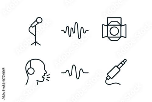 simple outline stroke icon isolated on white background: microphone stand sound wave stage light singer head voice line audio plug