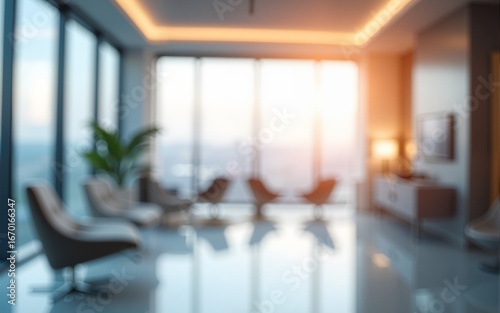 Beautiful blurred background of a light modern office interior with panoramic windows and beautiful lighting. High quality
