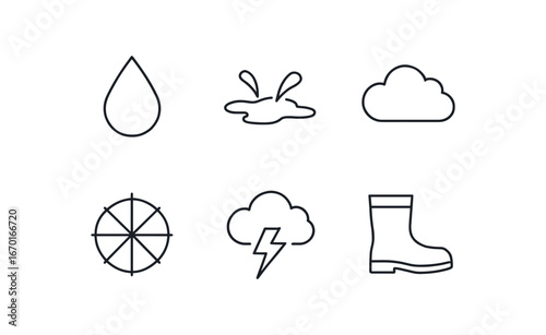 simple outline stroke icon isolated on white background: rain drop puddle splash cloudy sky umbrella top cloud wet boot