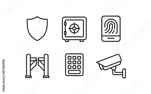 simple outline stroke icon isolated on white background: steel shield vault lock biometric pad access gate passcode keypad security camera