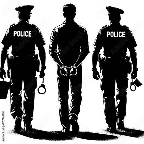 Black and White Vector Silhouette of Policeman Escorting Prisoner