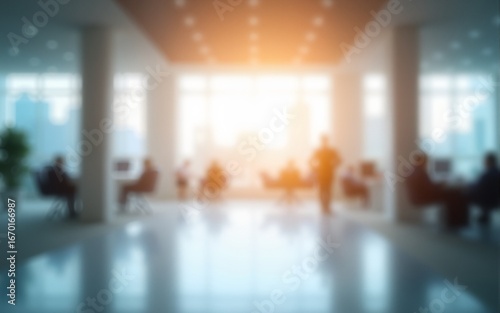 Beautiful blurred background of a light modern office hall with panoramic windows and beautiful lighting. High quality
