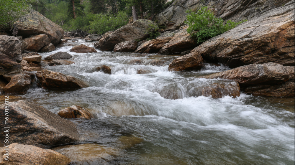 Fototapeta premium Serene river flows over smooth rocks, surrounded by lush greenery and rugged terrain. gentle sound of water creates peaceful atmosphere, inviting relaxation and reflection