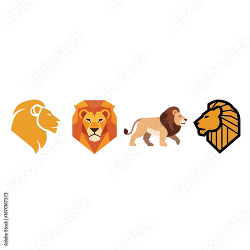 Collection of stylized lion icons featuring frontal views profile views and a full body representation vector