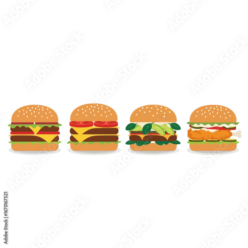 Four delicious and diverse hamburgers arranged in a row offering a variety of toppings and cheese vector