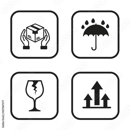 Shipping Package Handling Icons Fragile, Handle with Care, Waterproof, Up