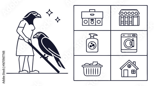 Stylized illustration of a woman with a bird laundry and house icons for cleaning service design.