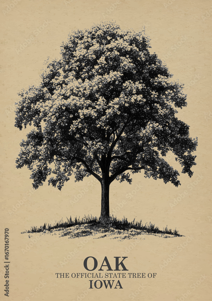 Fototapeta premium Iowa State Tree Oak Wall art Poster, Illustration For Wall Hanging Home Decoration Vintage Wall Art, Us State Poster