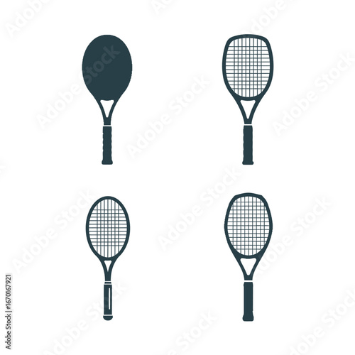 Four tennis rackets in different styles and perspectives representing sports equipment and athleticism vector