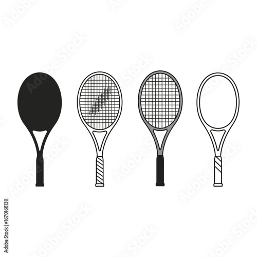 Diverse tennis rackets collection four distinct styles representing different eras and designs for sports enthusiasts vector