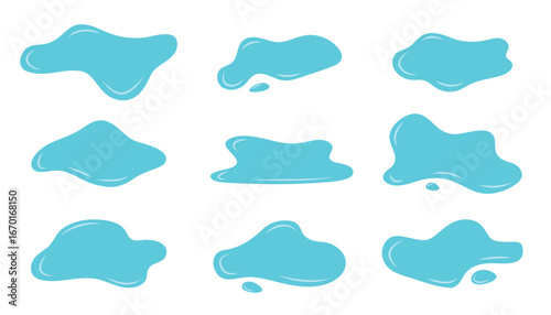 Set puddle and water drops. blue liquid shapes cartoon style. tears or rain water isolated. vector illustration