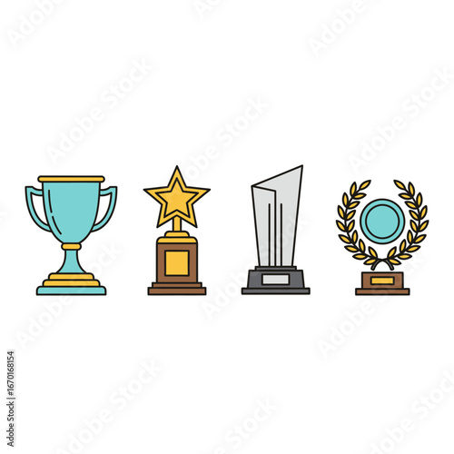Collection of four diverse trophies representing achievement success and victory in sports and competitions vector