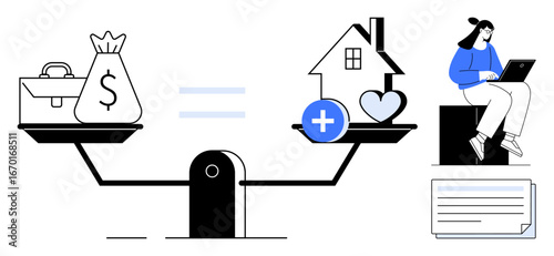 Scales with money bag and briefcase balanced against home, heart, and health symbols. Woman working on a laptop nearby. Ideal for work-life balance, financial planning, mental health, digital tools