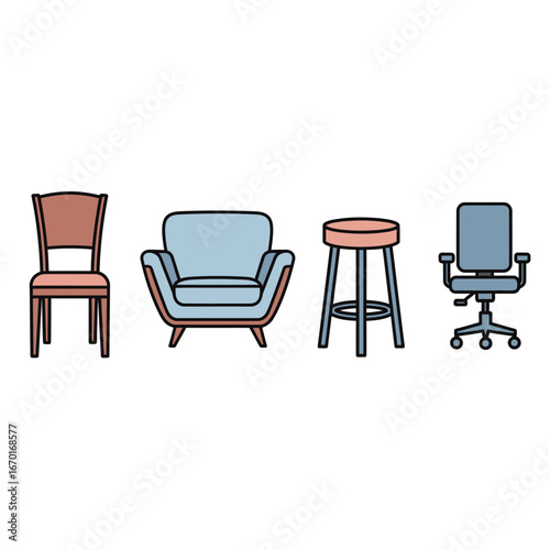 Collection of four diverse furniture pieces including classic chair armchair bar stool and office chair vector