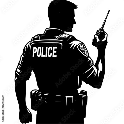 Black and White Vector Silhouette of a Policeman Holding a Walkie-Talkie