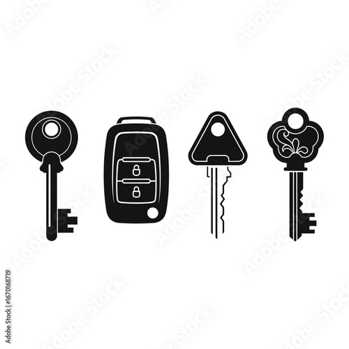 Collection of diverse keys including a modern car key fob and antique keys for secure access and traditional entry symbolizing safety vector