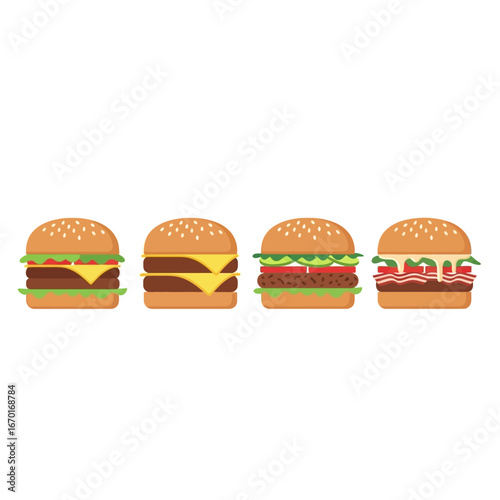 Four diverse gourmet hamburgers arranged in a row showcase fresh ingredients for a delicious meal experience vector